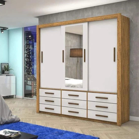 Roupeiro Anjos Cinamomo/Off 3 Portas 9 Gavetas C/ 1 Espelho Larg. 1.91m - Carioca Móveis