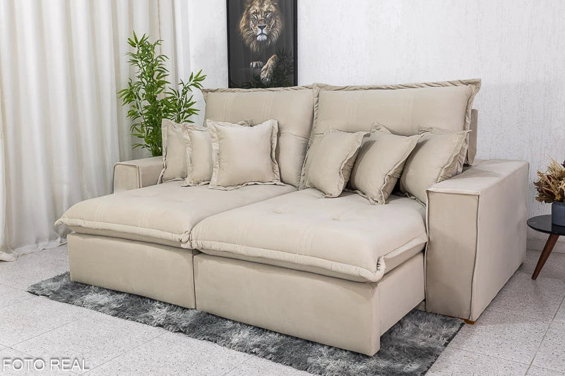 Sofá Retrátil Reclinável Ferrara 2.50m Veludo Bege 01 D33 e Molas Ensacadas - Móveis furniture