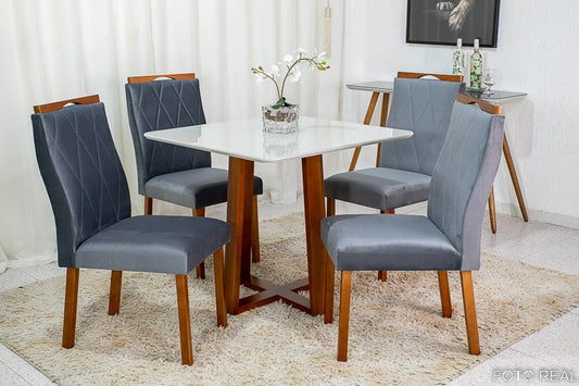 Mesa de Jantar Pedro Mel Tampo Vidro Off 90×90 4 Cadeiras Lisboa Veludo Cinza - Móveis furniture