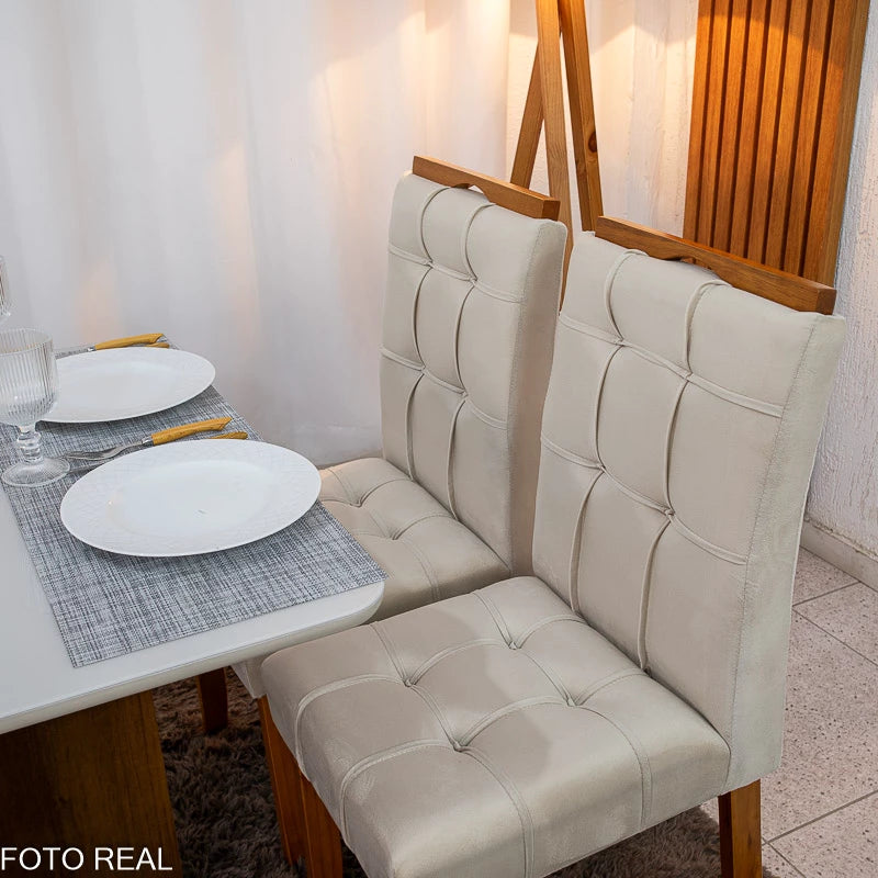 Mesa de Jantar Moscou 90x90 Cinamomo/Off Tampo Vidro Off 4 Cadeiras Londres Veludo Avelã Madeira Maciça Minas Plac -