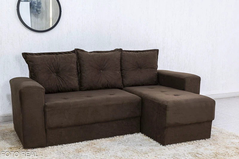 Sofá 2 Lug. + Chaise Anil Larg. 2.00m Veludinho Marrom - Móveis furniture