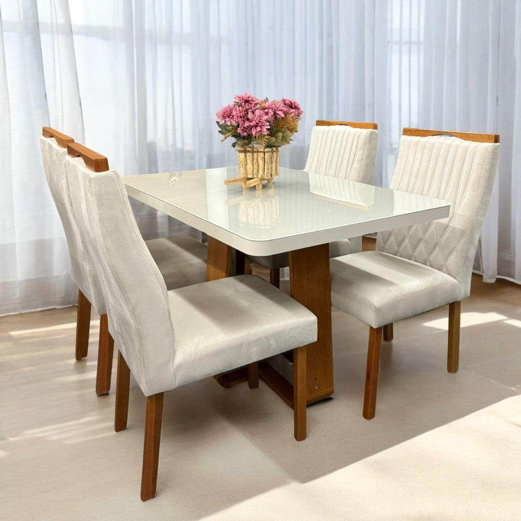 Mesa Sintonia (Tampo Maxi) 120 Amêndoa Clean/Off White com 4 Cadeiras Gênova Veludo Marfim – LOPAS + ART ASSENTOS