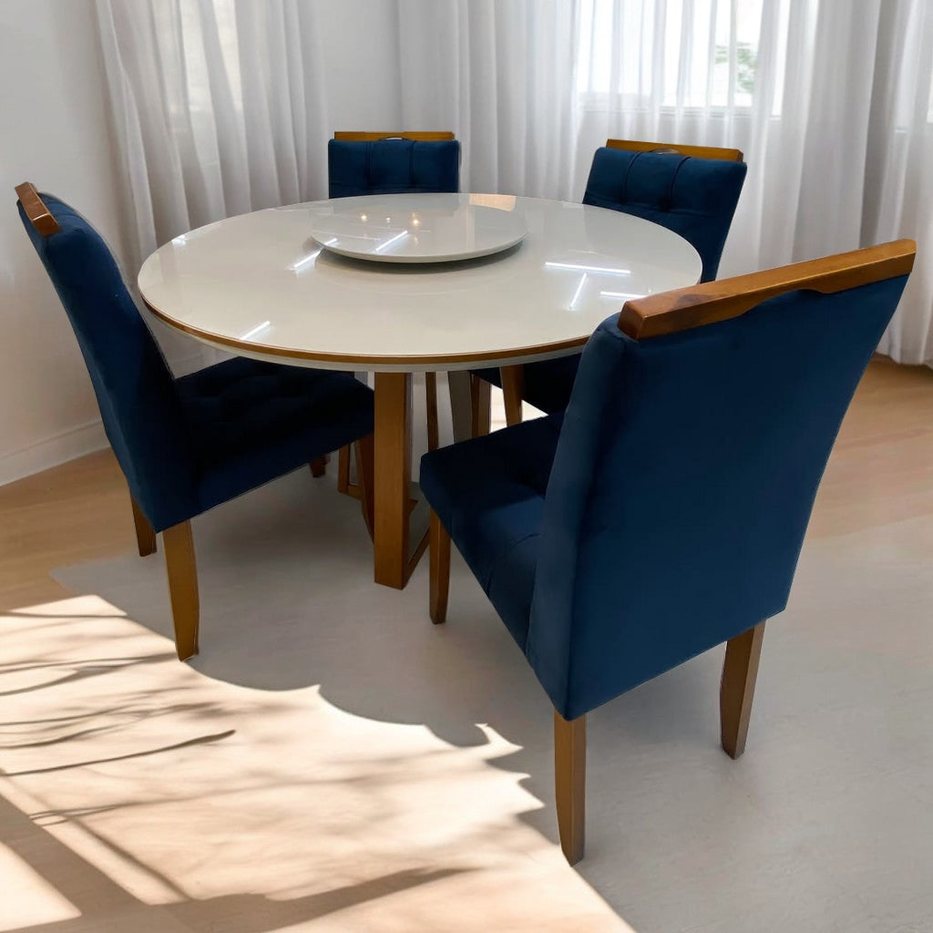 Mesa Redonda Atlanta 120 Cinamono/Off White com 4 Cadeiras Sophia/Capri Veludo Azul – MINASPLAC + WM DECOR
