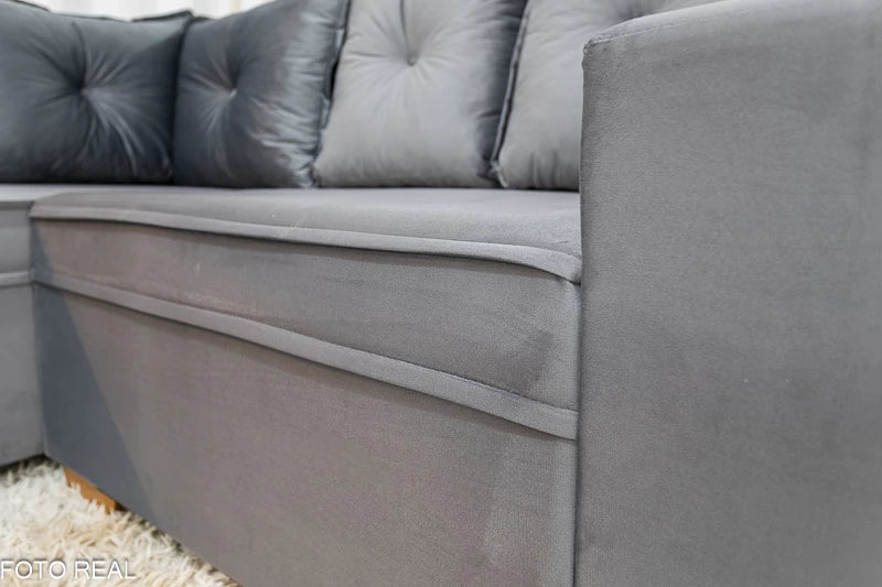 Sofá Canto 5 lugares Cuiabá Veludo Cinza - Móveis furniture