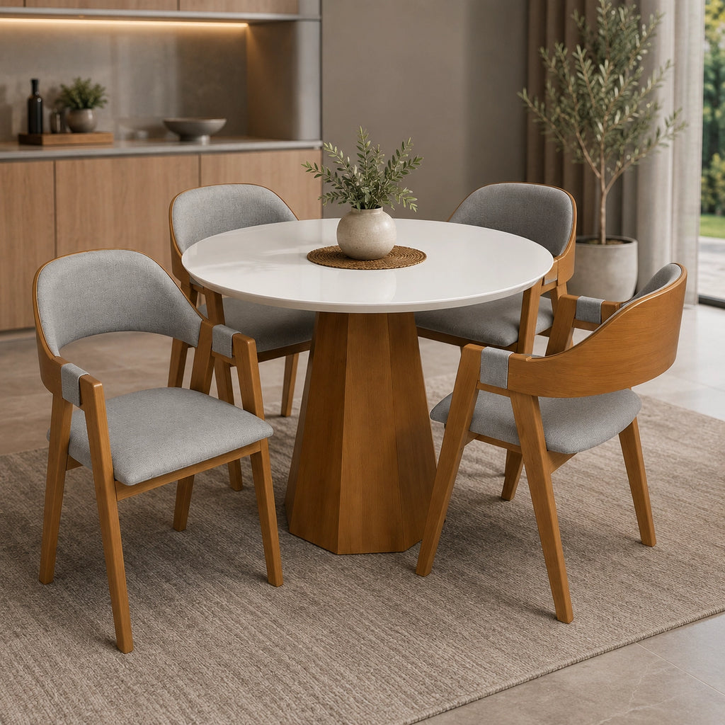Mesa de Jantar Isis com Vidro Redonda 100cm e 4 Cadeiras Perola em Linho Madeira New Ceval