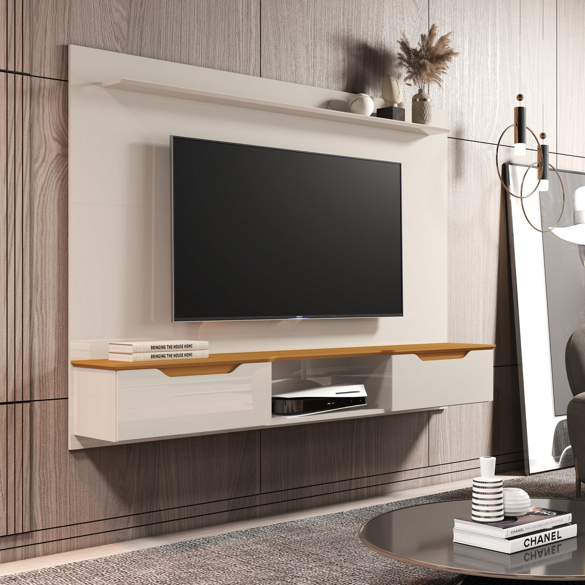 Painel até 65″ Studio Off White/Cedro – EDN MÓVEIS