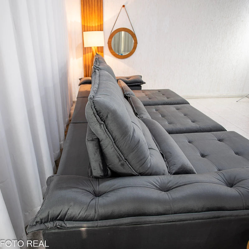 Sofá Retrátil Reclinável Istambul 3.20m Veludo Cinza 403 - Espuma D33