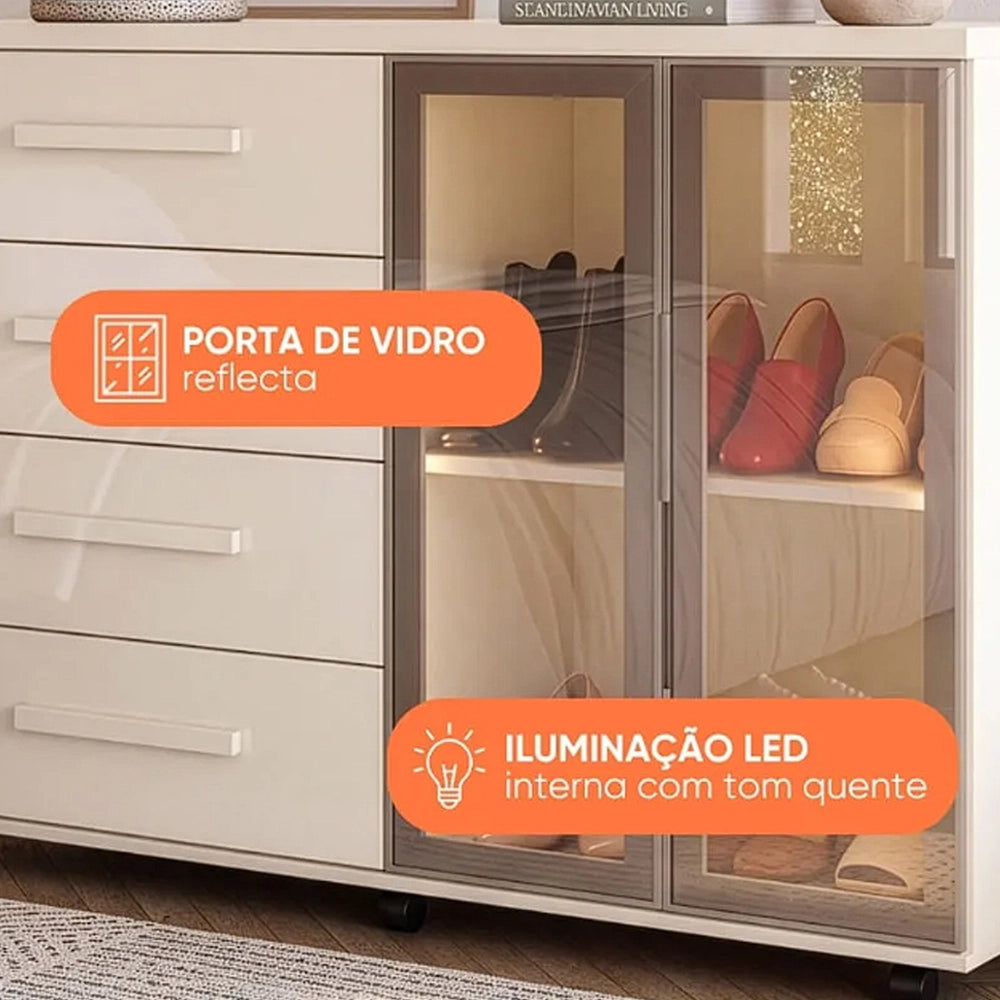 Cômoda Sapateira Lady com Led 4 Gavetas 2 Portas Reflecta J e a