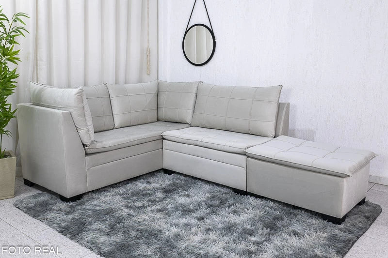 Sofá Canto 5 lugares com Puff Viena Veludo Bege - Móveis furniture