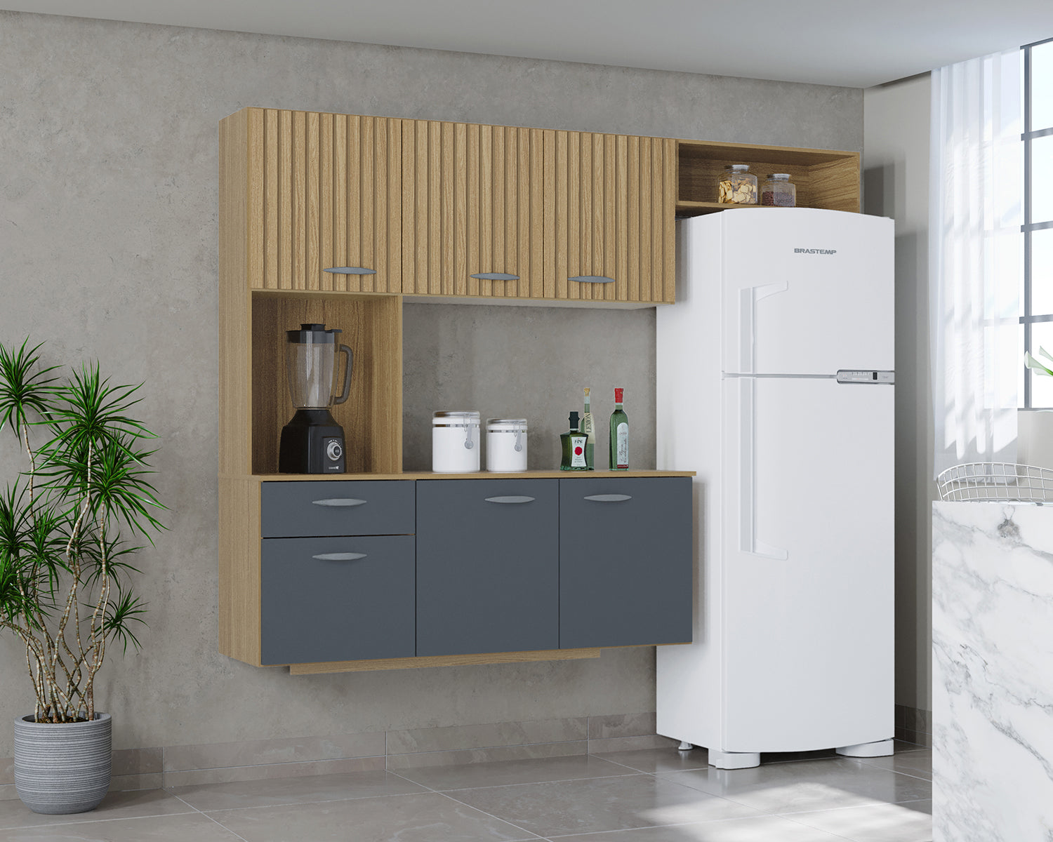 Cozinha Suspensa com Balcao Isis 180 Damasco Ripado 3D.Cinza