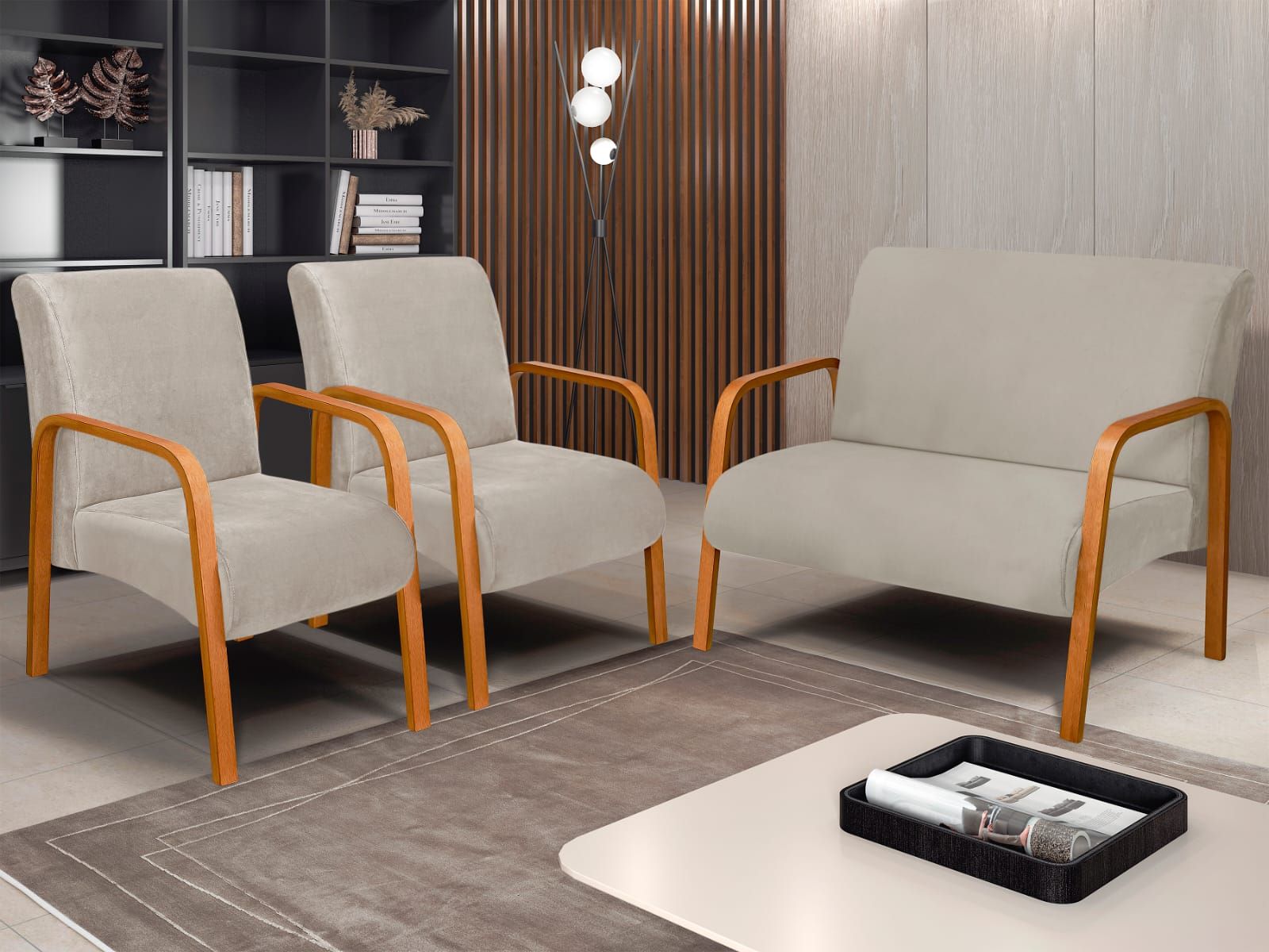 Conjunto de Poltronas Araxa 3Pcs 2.1.1Lgs Veludo Inca Bege 15 Bem Estar Estofados