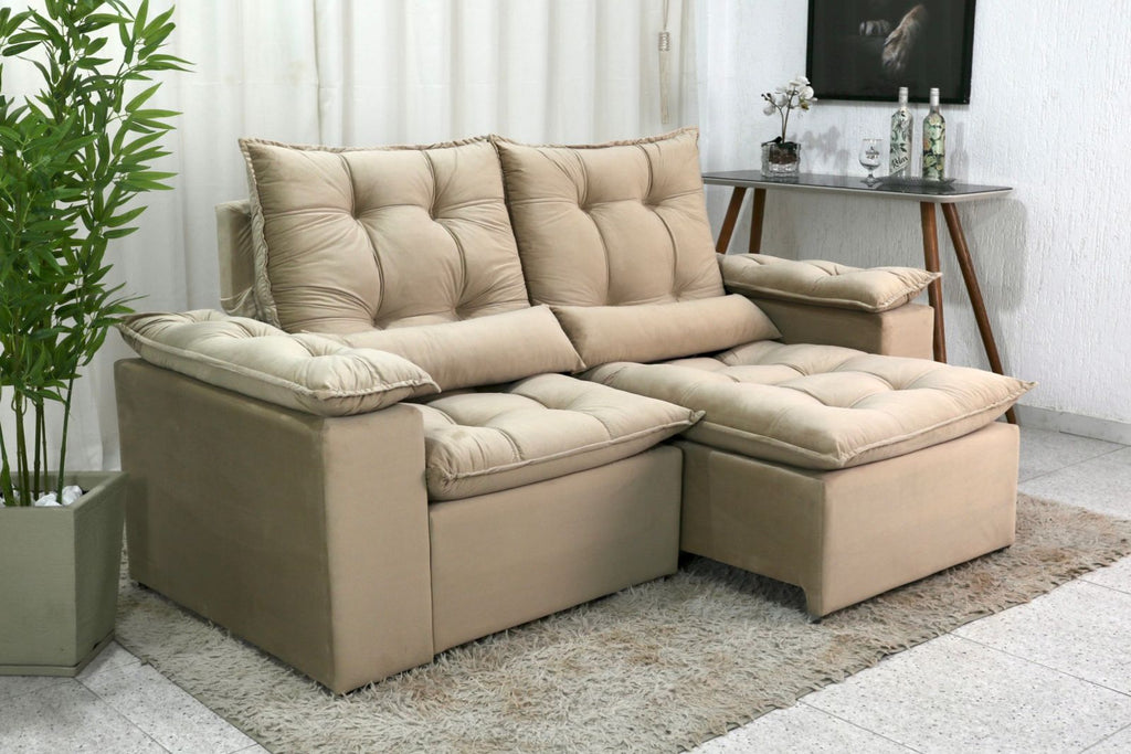 Sofá Retrátil Reclinável 3 Lug. GRUFER 2.00m Veludo Bege - Móveis furniture
