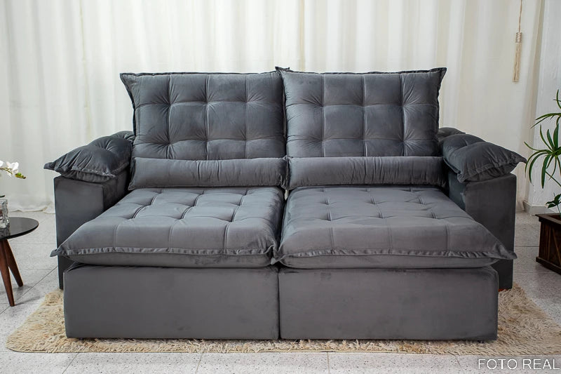 Sofá Retrátil Reclinável 2.90m Emanuelly Veludo Cinza - Móveis furniture