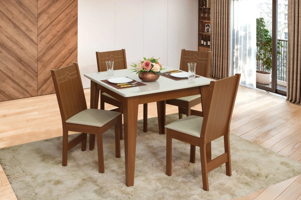 Mesa Giovana 90×90 c/4 Cadeiras Elane – Naturale/Off White