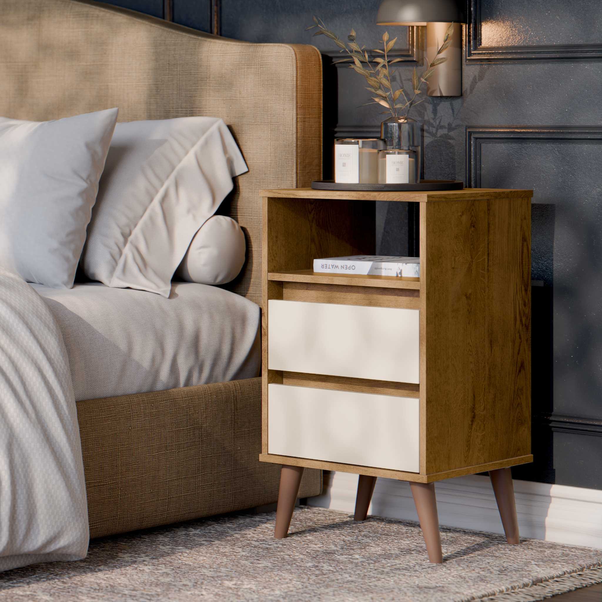 Mesa de Cabeceira Retro Roma 2G1N Freijo.Off White EJ Moveis