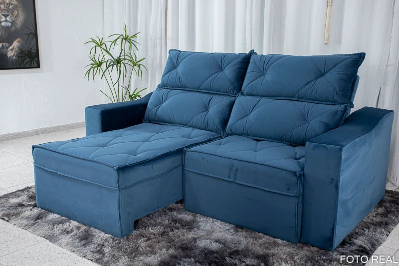 Sofá Retrátil e Reclinável 3 Lugares Moscou 2.00m Veludo Azul - Móveis furniture