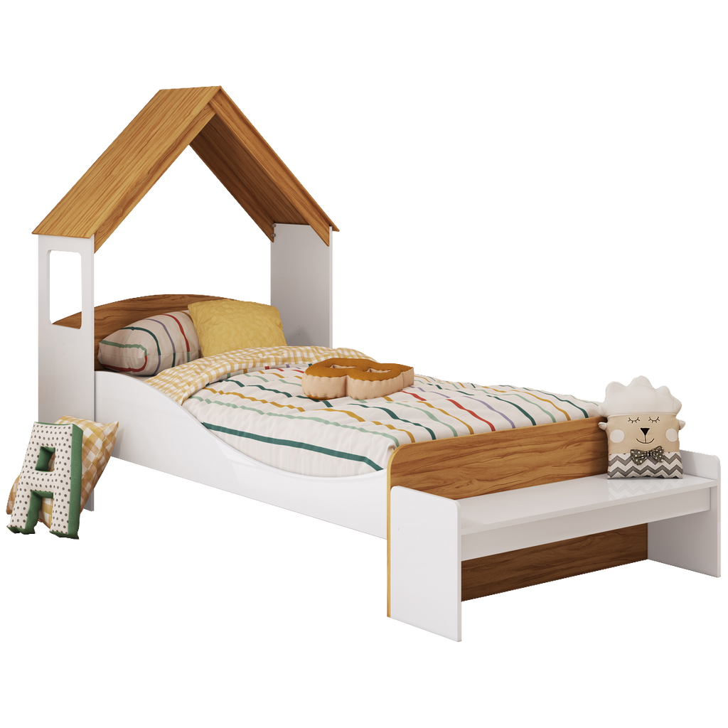 Kit Casinha + Cama Solteiro Lua Branco Brilho/Amêndoa – PEROBA MÓVEIS