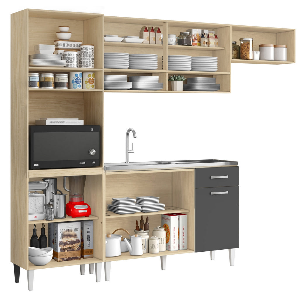 Cozinha Aurora + Balcão para Pia Atenas 249,7 m Avena/Grafite – ARAMÓVEIS