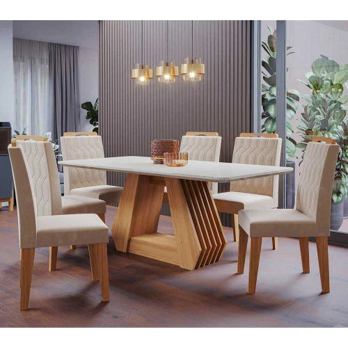 Conjunto Sala de Jantar Mesa Agata 180x90 cm e 6 Cadeiras Paola Cimol Nature/Off White/Nude - Móveis furniture