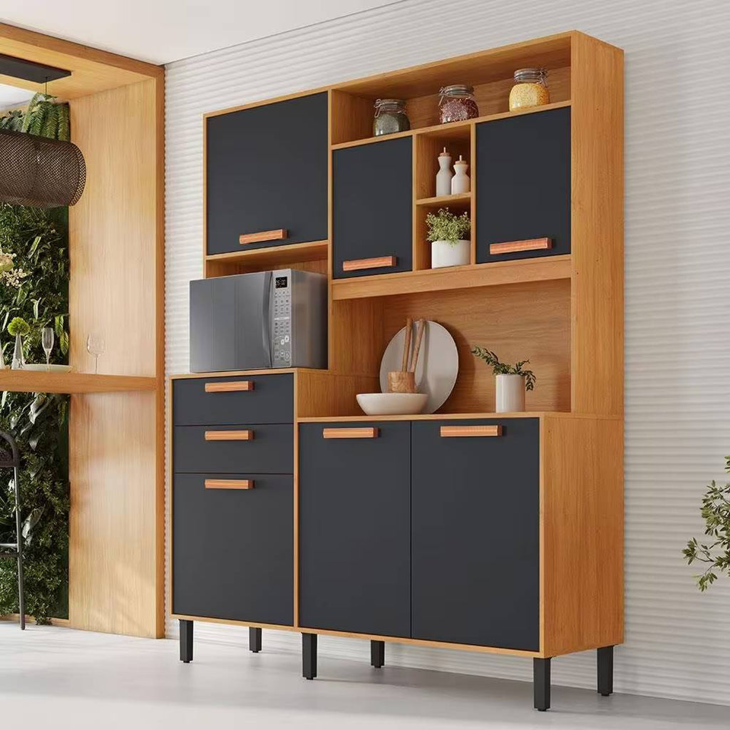 Kit Cozinha Compacta Napoles c/ 6 Portas 2 Gavetas 6 Prateleiras-Cinamomo/ Grafite - Móveis furniture