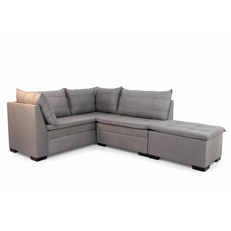 Sofá Canto 5 lugares com Puff Viena Linho Cinza