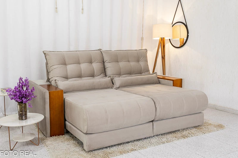 Sofá Retrátil Reclinável 2.30m Gênova Veludo Bege  - Molas Ensacadas