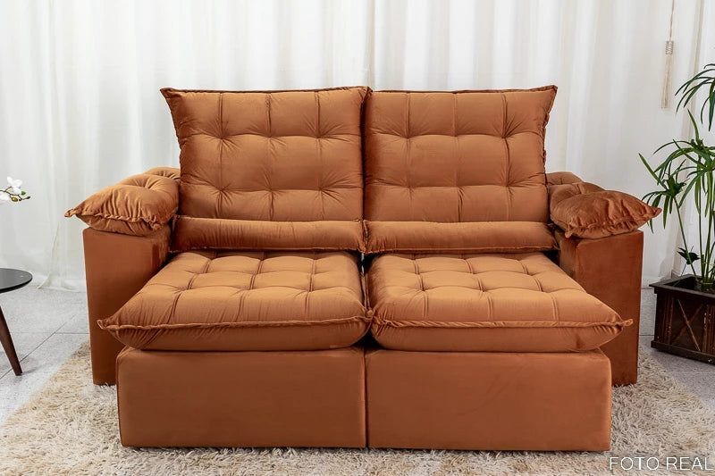 Sofá Retrátil Reclinável 2.90m Emanuelly Veludo Terracota - Móveis furniture