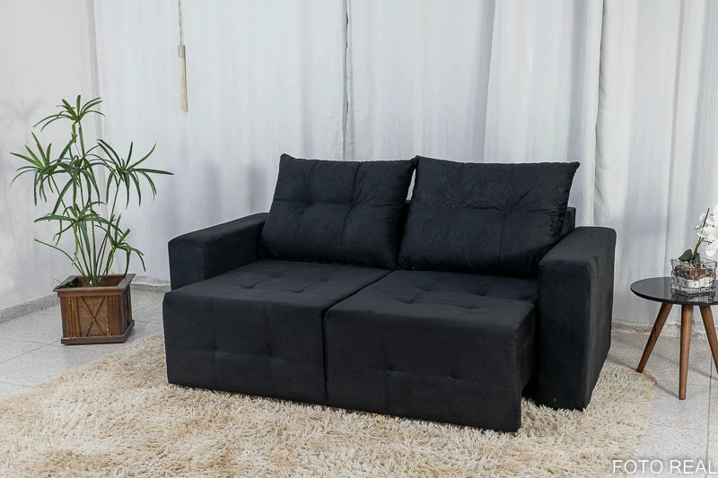 Sofá Retrátil 3 Lugares Havaí Larg. 1.80m Veludinho Preto 17 - Móveis furniture
