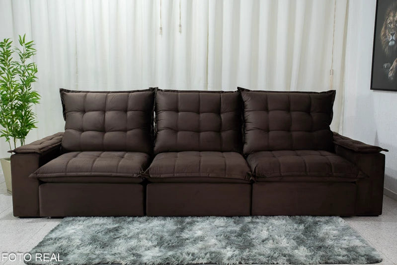 Sofá Retrátil Reclinável Atenas 3.20m Veludo Marrom 815 D33 e Molas Ensacadas