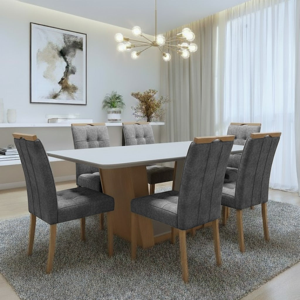 Mesa Apogeu (Tampo Maxi) 170 Amêndoa Clean/Off White com 6 Cadeiras Sophia Veludo Cinza Grafite – LOPAS + WM DECOR