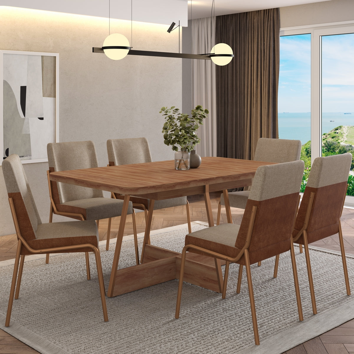 Mesa Átria 1592 160 Rosê Cobre/Nogal Freijó com Cadeiras Hug 1749 Rosê Cobre/Linho Areia/Corino Caramelo – CARRARO