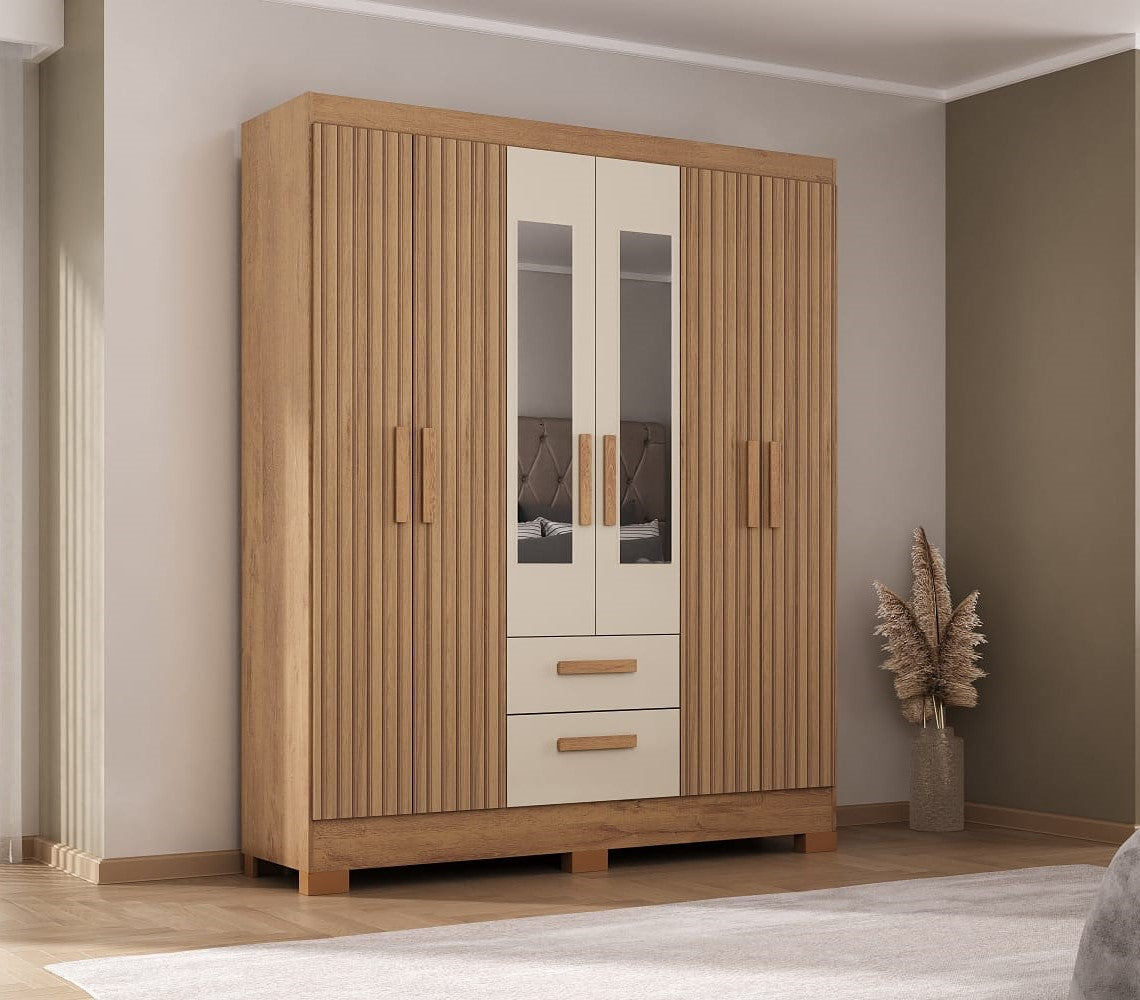 Roupeiro Fortaleza Plus 6P2G com Pes e Espelhos Canelato Rustico 3D.Canelato Natura.Off White Atualle Moveis