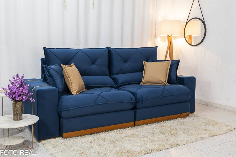 Sofá Retrátil Reclinável 2.30m Gran Bello Veludo Azul - D33 e Molas Ensacadas