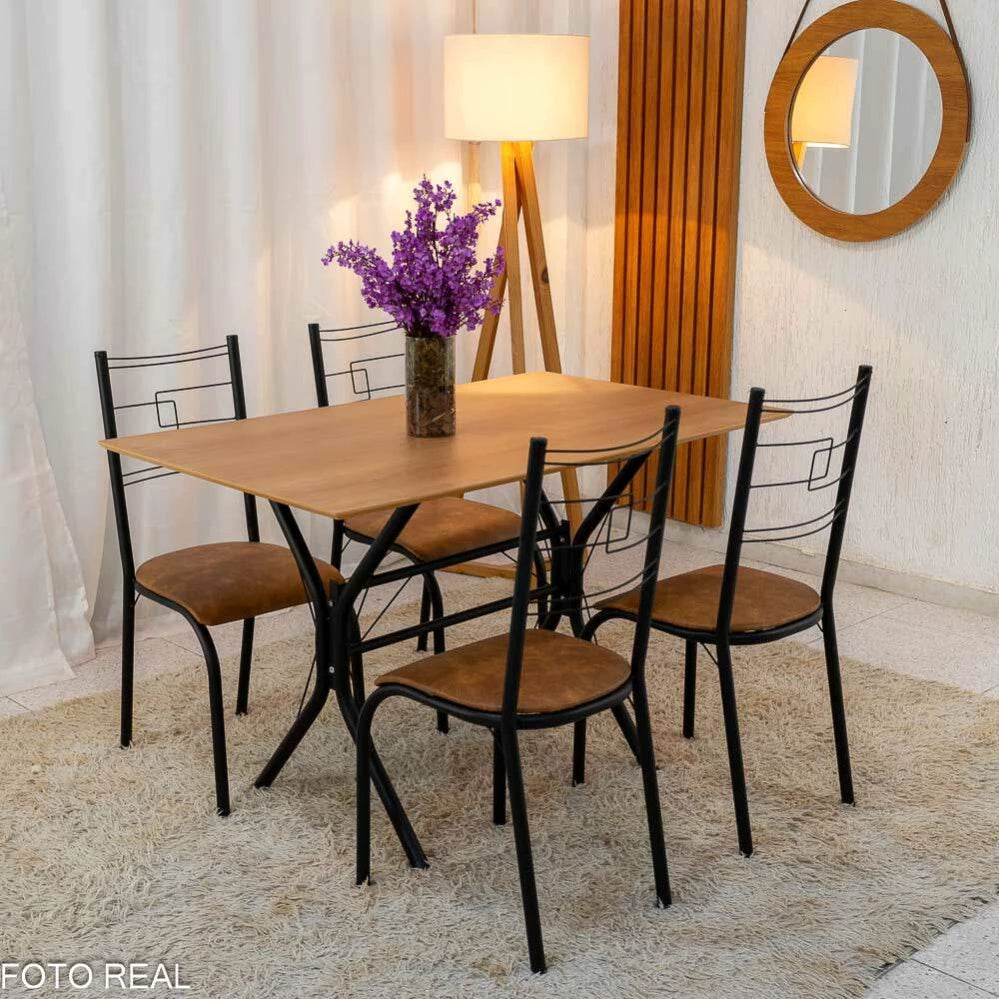 Mesa Paraty Base Cabo Frio Preto Tampo Madeirado 120×75 4 Cadeiras Paraty Assento Marrom - Teixeira