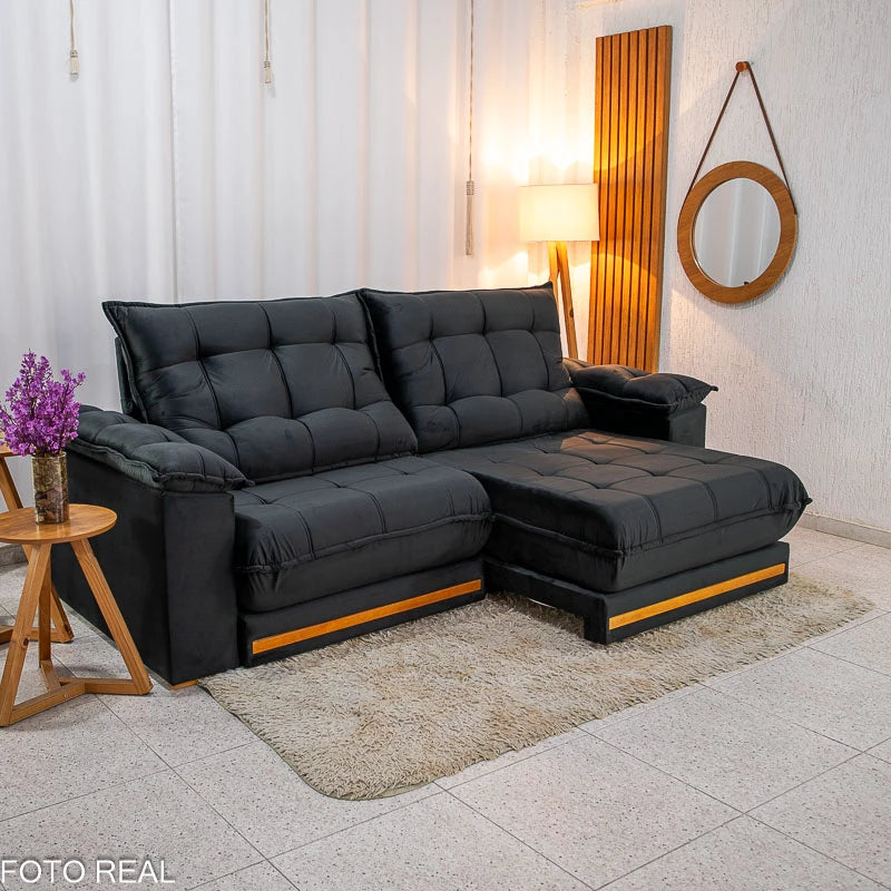Sofá Retrátil Reclinável Barcelona 2.30m Veludo Preto - D33 e Molas Ensacadas