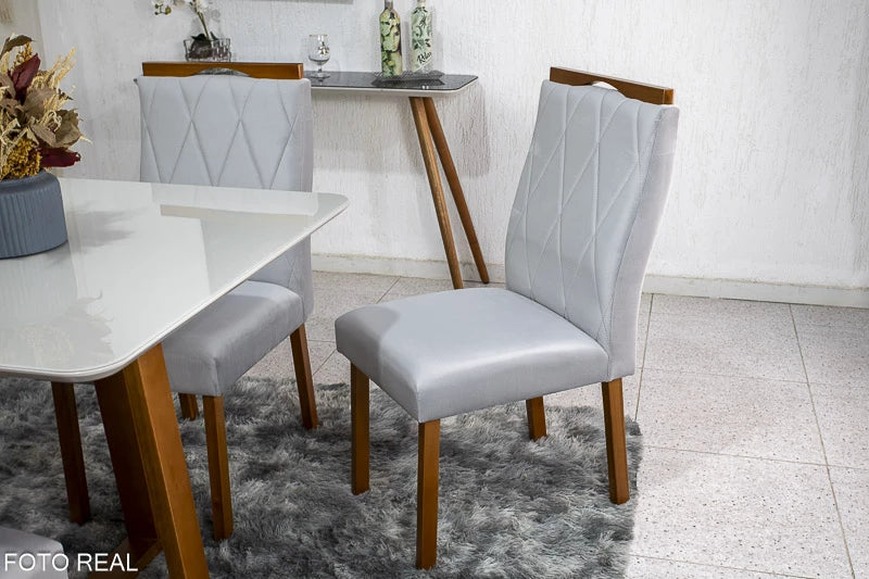 Mesa de Jantar Pedro Mel Tampo Vidro Off 90×90 4 Cadeiras Lisboa Veludo Prata - Móveis furniture