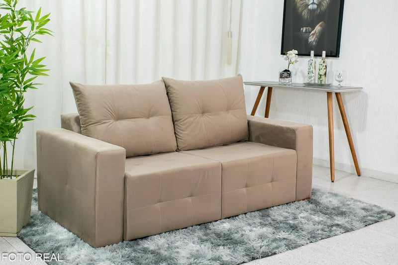 Sofá Retrátil 3 Lugares Havaí Larg. 1.80m Veludinho Bege 10 - Móveis furniture