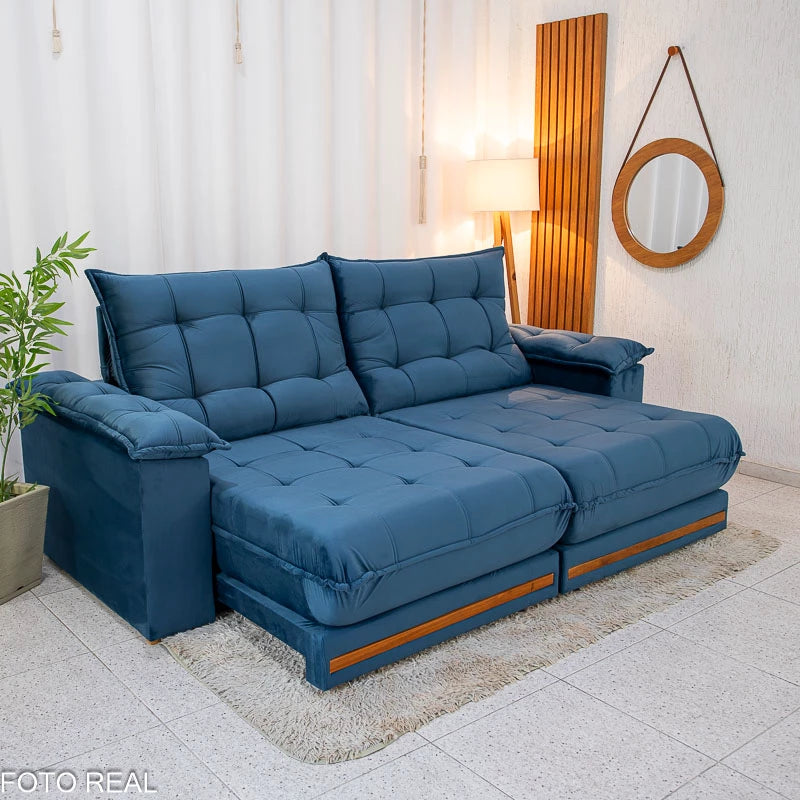 Sofá Retrátil Reclinável Barcelona 2.30m Veludo Azul - D33 e Molas Ensacadas