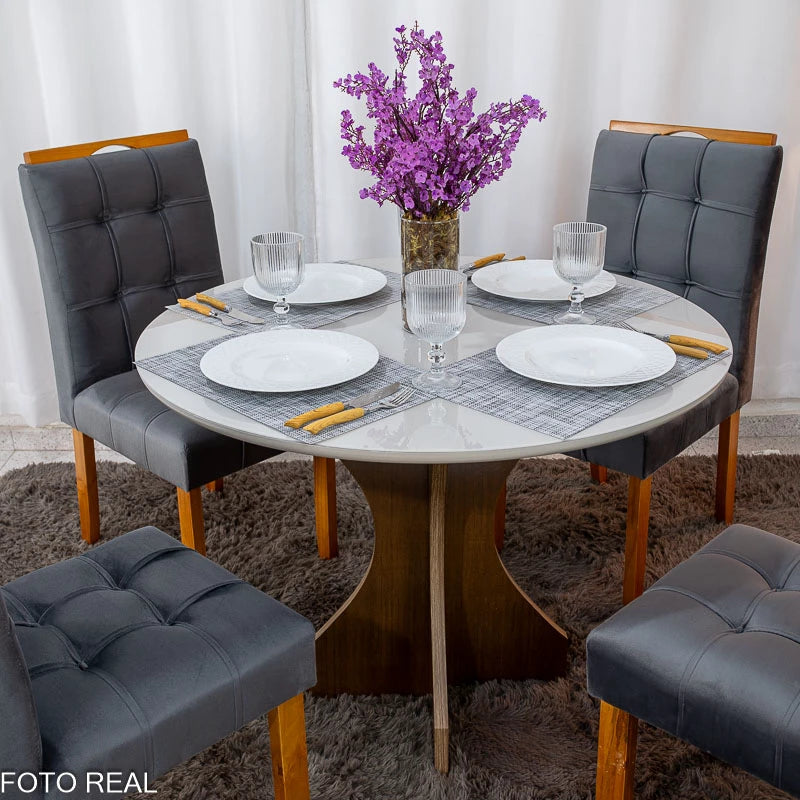 Mesa de Jantar Siena Redonda 100cm Vidro Off/Base Cinamomo + 4 Cad. Londres Veludo Chumbo Madeira Minas Plac - Entregue Montada