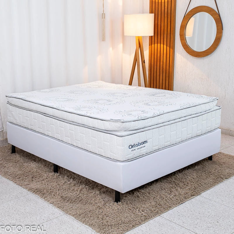 Box Casal Korino Branco Ortobel + Colchão Casal New Freedom 138x188x69 Molas Ensacadas Pocket Espuma Viscoelástica D33 - Ortobom | Suporta até 300kg