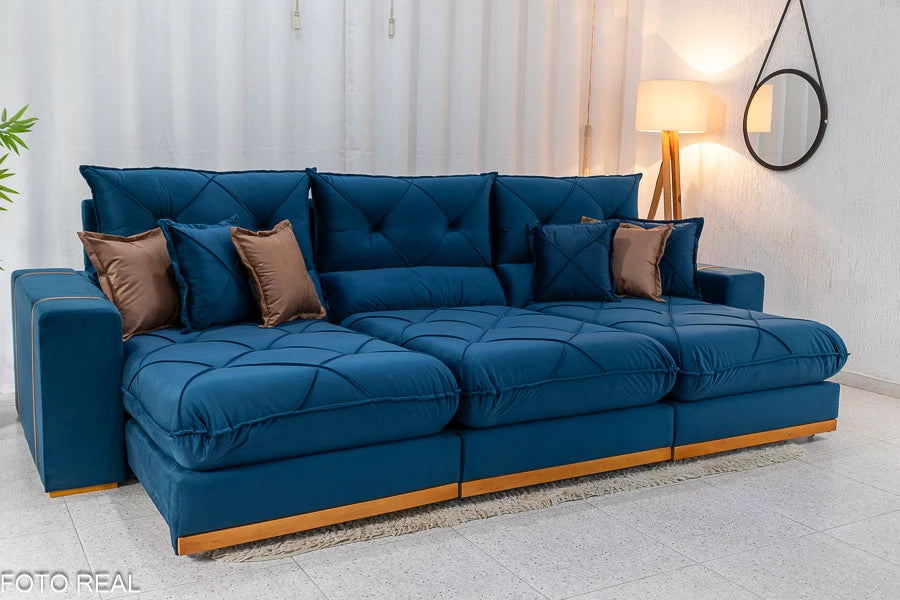 Sofá Retrátil Reclinável Gran Bello 3.20m Veludo Azul - D33 e Molas Ensacadas