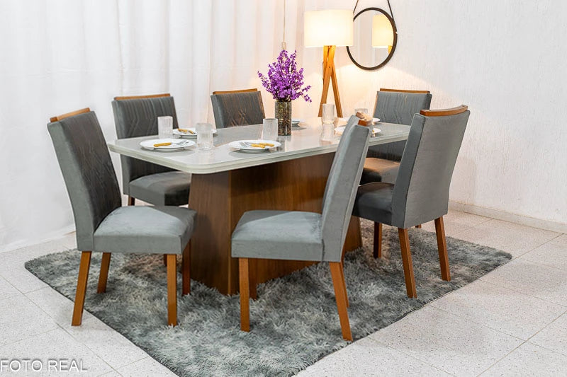 Mesa Jantar Luna Imbuia Tampo Vidro Off Canto Copo 180×90 6 Cadeiras Alegra Veludo Grafite Madeira Maciça Rufato - Móveis furniture