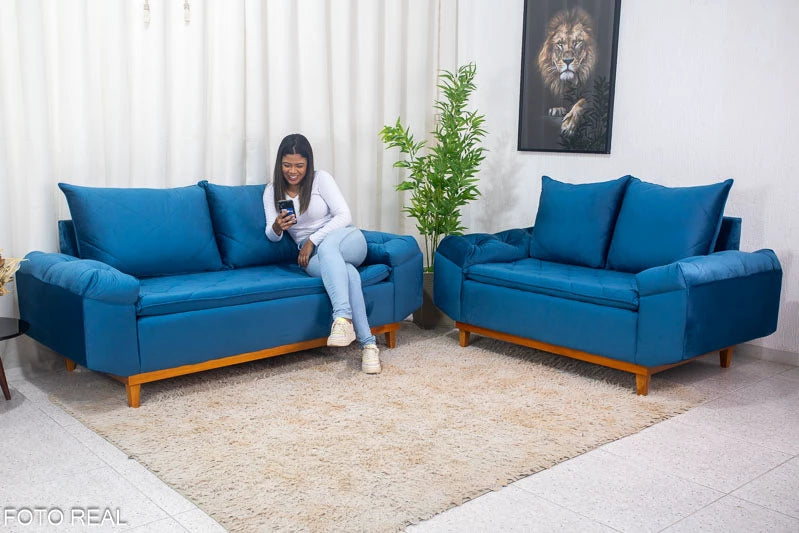 Sofá 3 e 2 lugares Bélgica Veludo Azul - Móveis furniture
