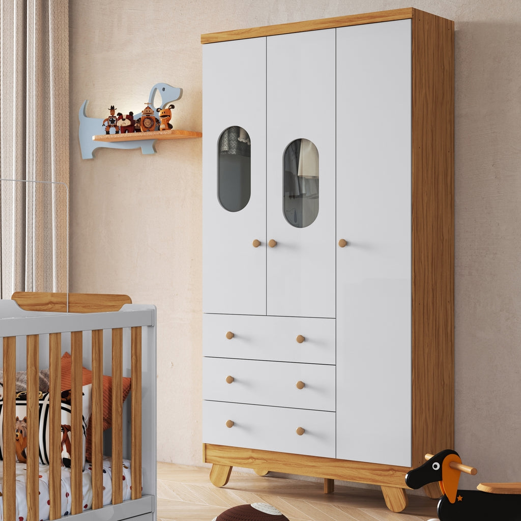 Guarda-Roupa 3 Portas Pingo Amêndoa/Branco Brilho – PEROBA MÓVEIS