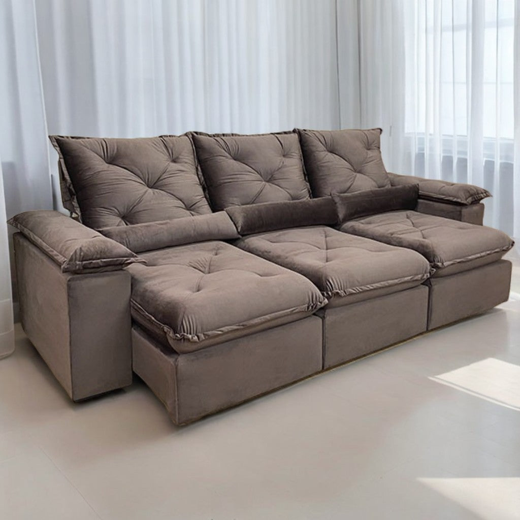 Sofá Retrátil e Reclinável Brasão 2,70 m Veludo Marrom – MD ESTOFADOS