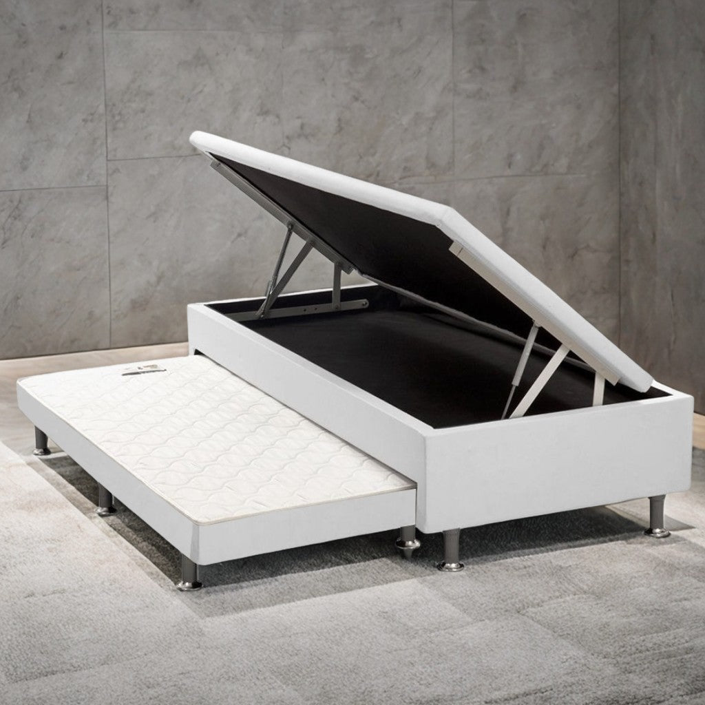 Base Box Solteiro Baú com Auxiliar Corino Branco – ALTO NÍVEL CAMAS E COLCHÕES