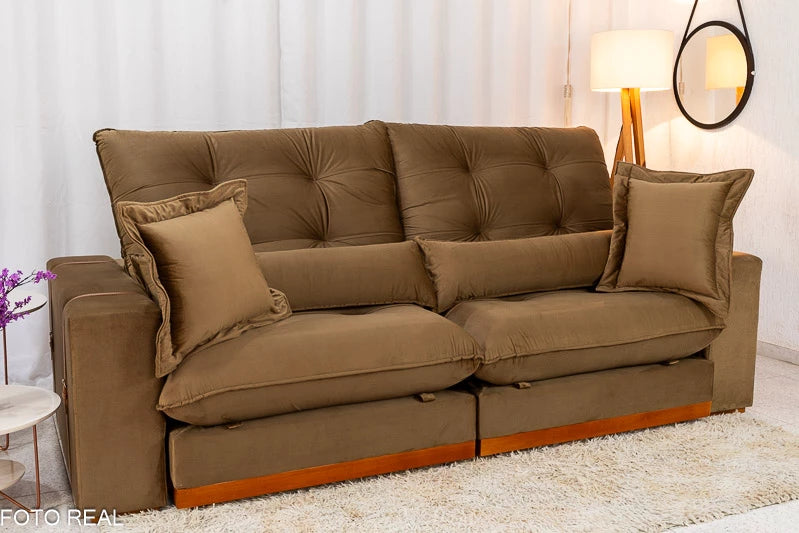 Sofá Retrátil Reclinável Toronto Veludo Bege 4056 Larg. 2.50m - Molas Ensacadas