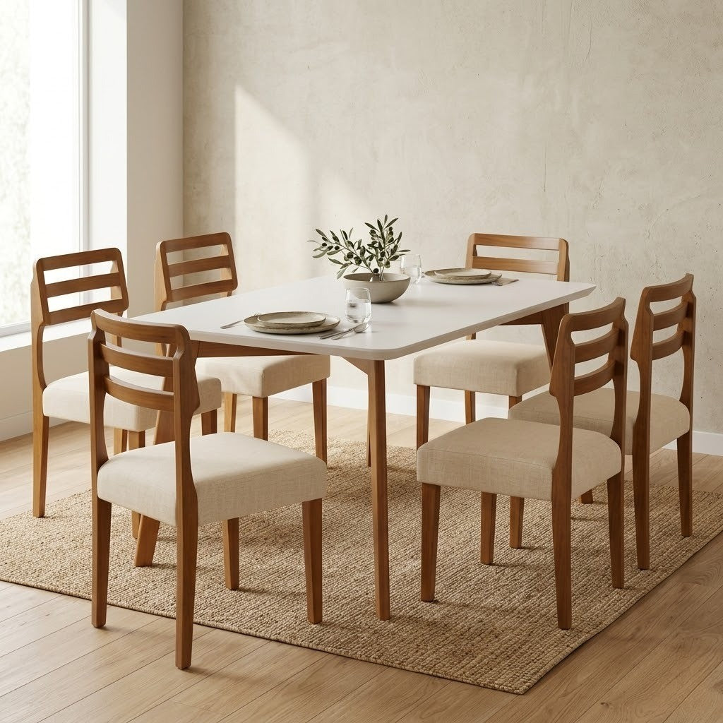 Mesa Anne 180 Mel/Off White com 6 Cadeiras Turquia Linho Palha 311A – HR MOVELARIA