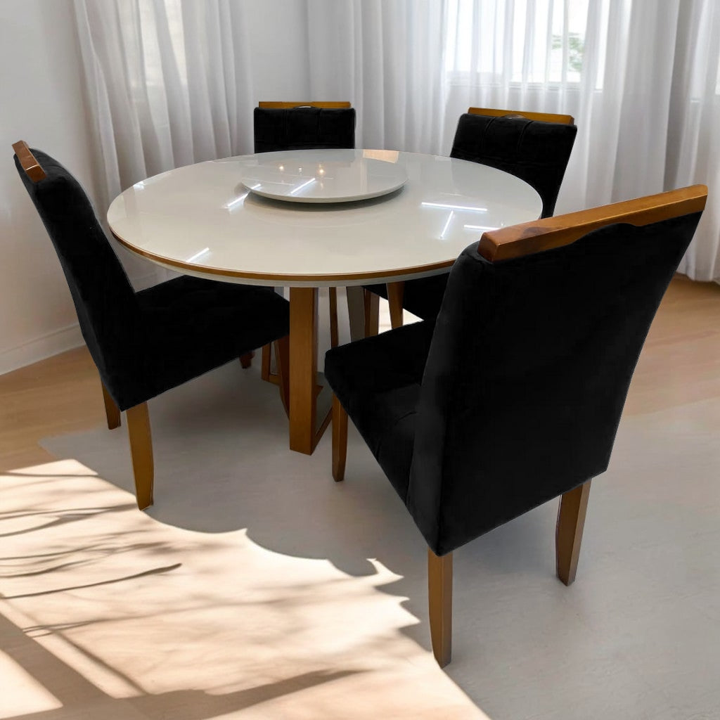 Mesa Redonda Atlanta 120 Cinamono/Off White com 4 Cadeiras Sophia/Capri Veludo Preto – MINASPLAC + WM DECOR