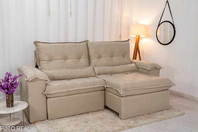 Sofá Retrátil Reclinável Califórnia Linho Bege 567 Larg. 2.50m - D28 Hiper soft
